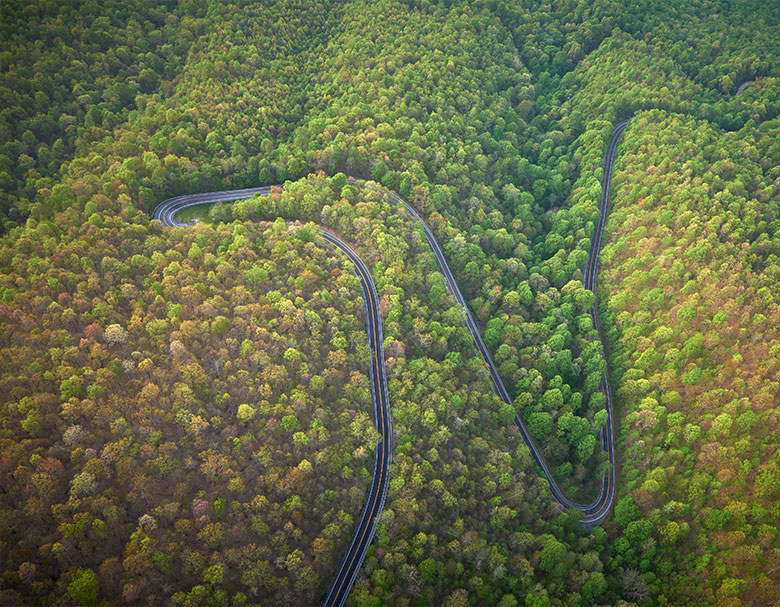 Aerial view of winding road